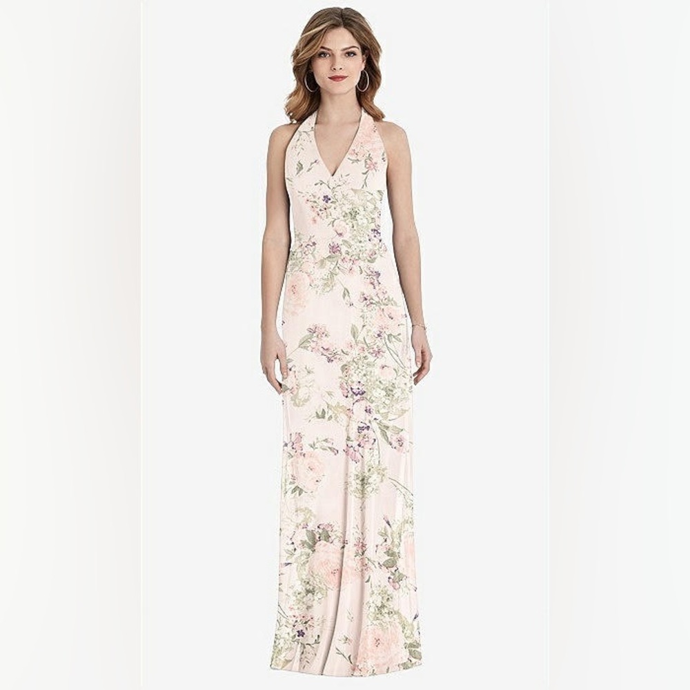 NEW - DESSY GROUP - TARYN V-NECK HALTER DRESS - BLUSH FLORAL PRINT - SIZE 14